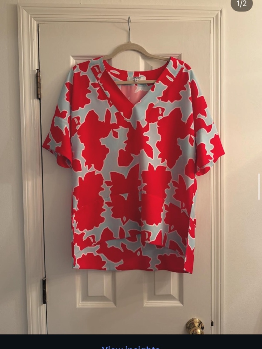 crosby. Red and Light Blue Floral V-Neck Blouse